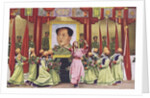 Dancers performing in front of portrait of Mao Zedong by Anonymous