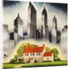Suburban home constrasted with skyscrapers by Anonymous