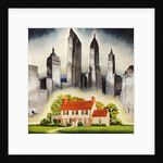 Suburban home constrasted with skyscrapers by Anonymous