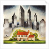 Suburban home constrasted with skyscrapers by Anonymous