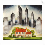 Suburban home constrasted with skyscrapers by Anonymous