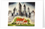 Suburban home constrasted with skyscrapers by Anonymous