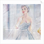 Woman wearing strapless gown and evening gloves by Anonymous