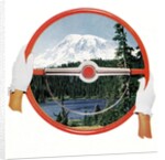 Steering wheel with image of woods and snow-covered mountain by Anonymous