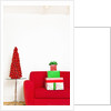 Stack of Christmas gifts on sofa by Anonymous