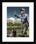 Man fly fishing with dog by Anonymous