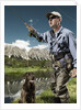 Man fly fishing with dog by Anonymous