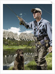 Man fly fishing with dog by Anonymous