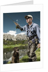 Man fly fishing with dog by Anonymous