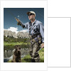 Man fly fishing with dog by Anonymous