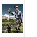 Man fly fishing with dog by Anonymous