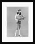 Young woman wearing santa claus hat hot pants go-go boots holding wrapped christmas presents by Anonymous
