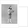 Young woman wearing santa claus hat hot pants go-go boots holding wrapped christmas presents by Anonymous