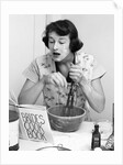 Woman face covered flour mixing ingredients reading brides cook book by Anonymous