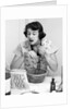 Woman face covered flour mixing ingredients reading brides cook book by Anonymous