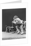 Toddler sitting in chair pouring milk from bottle into bowl for puppy dog by Anonymous