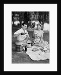 Man woman couple having a summer picnic outdoors drinking beer by Anonymous