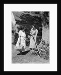 Two women talking in yard one holding garden hoe the other holds basket with flowers by Anonymous