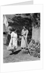 Two women talking in yard one holding garden hoe the other holds basket with flowers by Anonymous