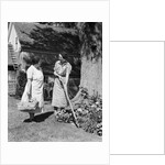 Two women talking in yard one holding garden hoe the other holds basket with flowers by Anonymous