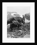 Couple man woman wearing riding gear jodhpurs boots spurs sitting standing on large rock by two horses by Anonymous