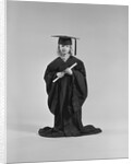 Girl wearing graduation cap gown holding diploma by Anonymous