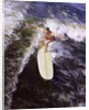 Young man red swim trunks yellow surfboard riding a wave surfing by Anonymous