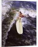 Young man red swim trunks yellow surfboard riding a wave surfing by Anonymous