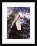 Young man red swim trunks yellow surfboard riding a wave surfing by Anonymous