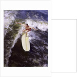 Young man red swim trunks yellow surfboard riding a wave surfing by Anonymous