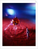 Silver space man astronaut alien walking in red sand to spacecraft by Anonymous