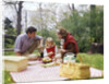 Family mother father girl spring picnic on checkered tablecloth by Anonymous
