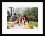 Family mother father girl spring picnic on checkered tablecloth by Anonymous