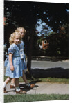 Two blond girls wearing blue dresses on the first day of school by Anonymous