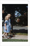 Two blond girls wearing blue dresses on the first day of school by Anonymous