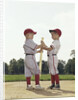 Two boys holding baseball bat little league uniforms by Anonymous