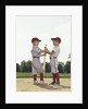 Two boys holding baseball bat little league uniforms by Anonymous