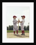 Two boys holding baseball bat little league uniforms by Anonymous