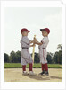 Two boys holding baseball bat little league uniforms by Anonymous