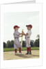 Two boys holding baseball bat little league uniforms by Anonymous