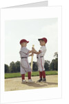 Two boys holding baseball bat little league uniforms by Anonymous