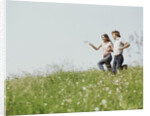 Young teen couple boy girl running field wildflowers by Anonymous