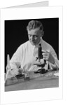 Male scientist wearing white lab coat writing data on clip board holding focus control of microscope by Anonymous