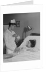 Woman nurse checking pulse taking temperature on little girl patient in hospital bed by Anonymous