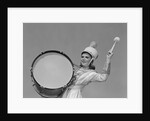 Smiling young woman band uniform carrying playing big drum by Anonymous