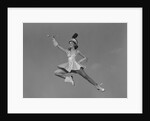 Woman majorette holding baton wearing short skirt uniform jumping into the air by Anonymous