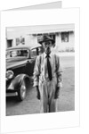 Portrait of old man wearing hat glasses tie & suspenders car in background by Anonymous