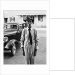 Portrait of old man wearing hat glasses tie & suspenders car in background by Anonymous