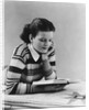 Young brunette woman teen striped sweater reading book studying by Anonymous