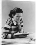 Young brunette woman teen striped sweater reading book studying by Anonymous